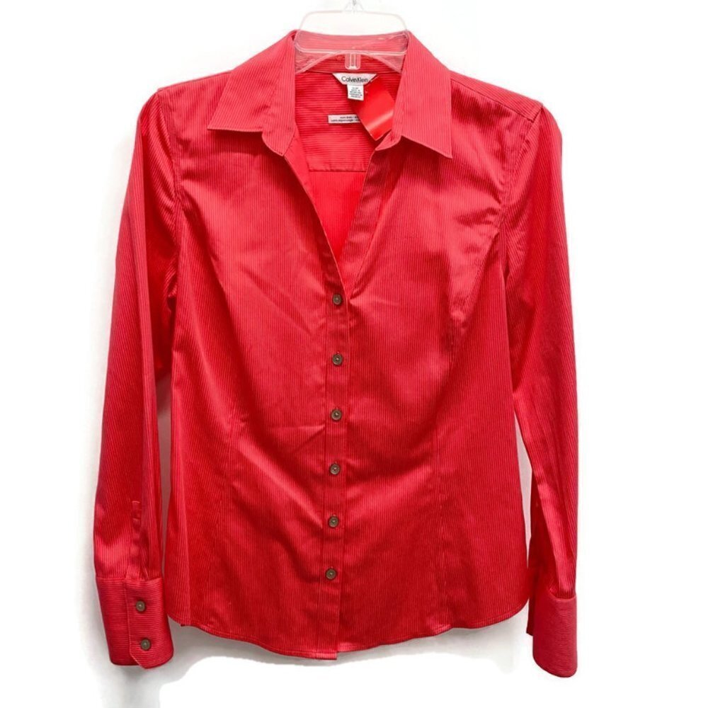 Calvin Klein Coral & White Stripe Button Down Top